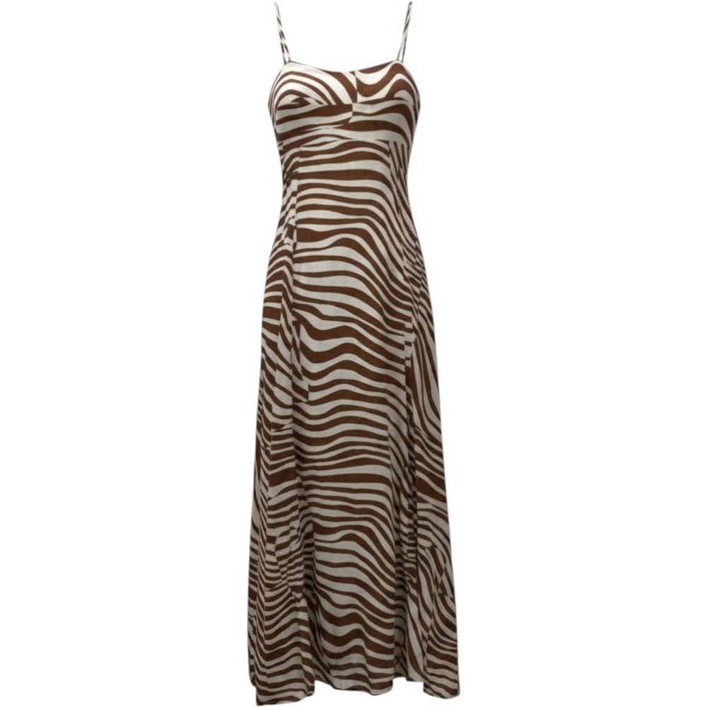 Faithfull The Brand Sorso Midi Brown Zebra Print Linen Dress Size 2 USA